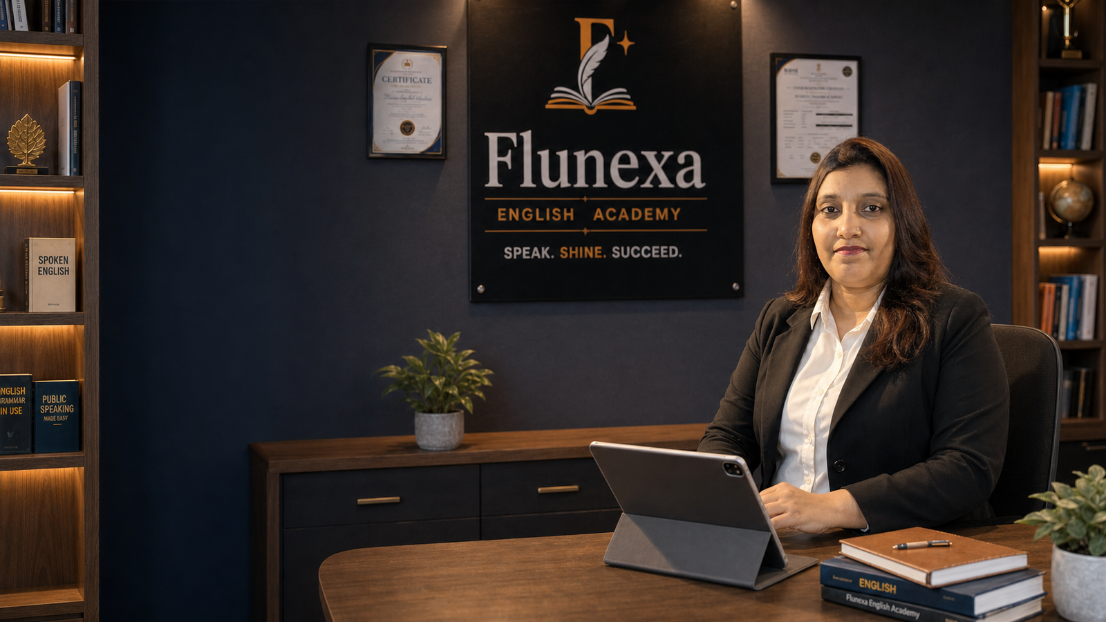 Founder Nagma Ansari in the Flunexa English Academy consultation office